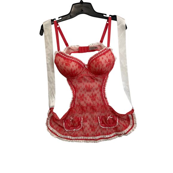 Victoria’s Secret Red Lace French Maid Apron Lingerie Set Size 34D - Picture 1 of 8
